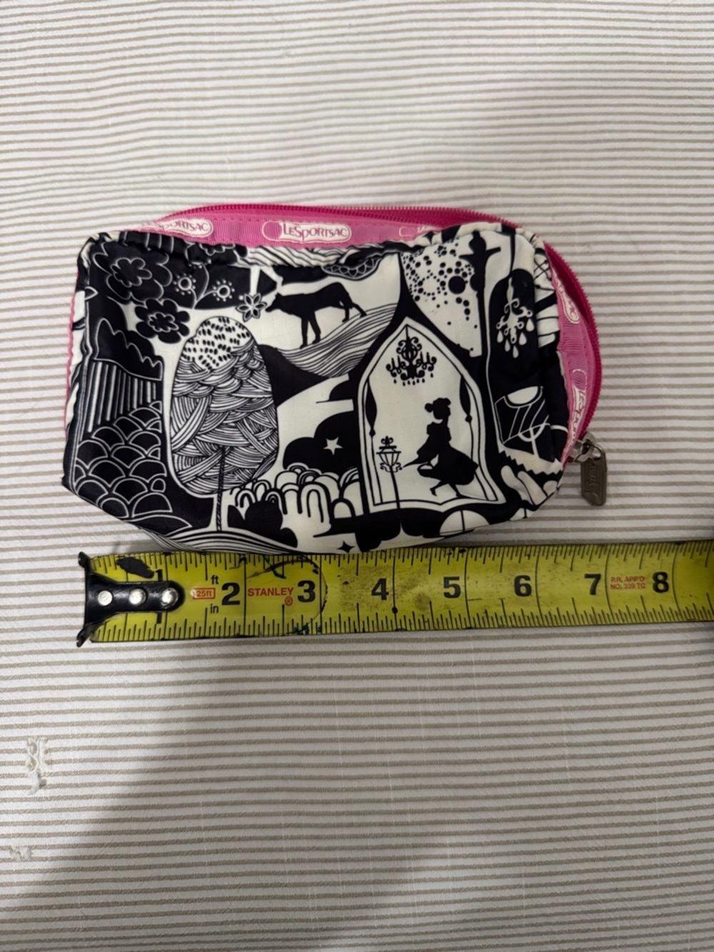 LeSportsac Black & White Scenic Pouch with Pink Trim